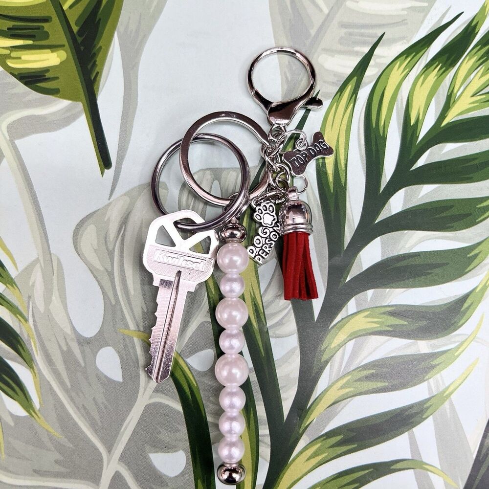 DOG PERSON Bag Charm Keychain Multi Faux Pearl Suede Tassel Bone Paw Pendant